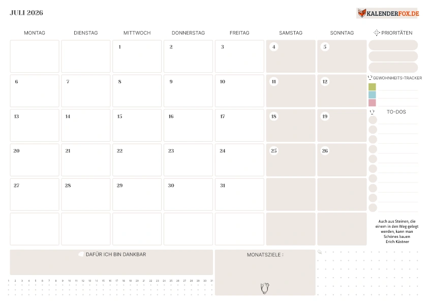 To-Do Liste Kalender Juli 2026 mit Feiertagen