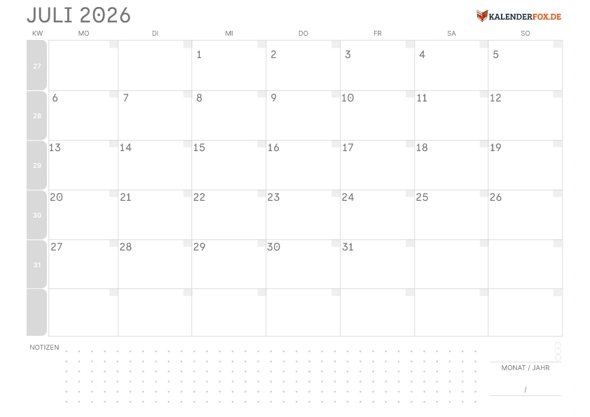 Leerer Kalender Juli 2026 mit KW
