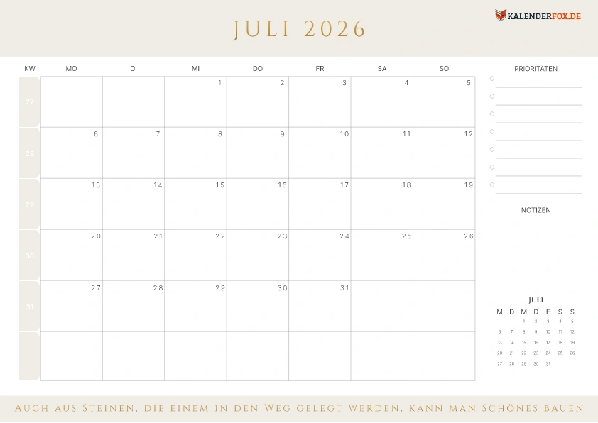 Prioritäten Kalender Juli 2026 mit KW