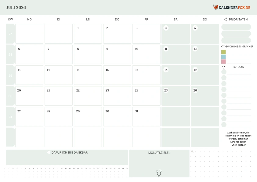 To-Do Liste Kalender Juli 2026 mit KW