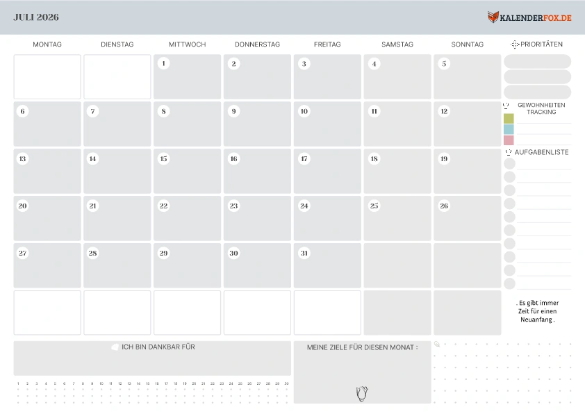 Kalender Juli 2026 mit Notizbereich