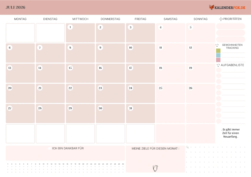 Kalender Juli 2026 mit Zitaten