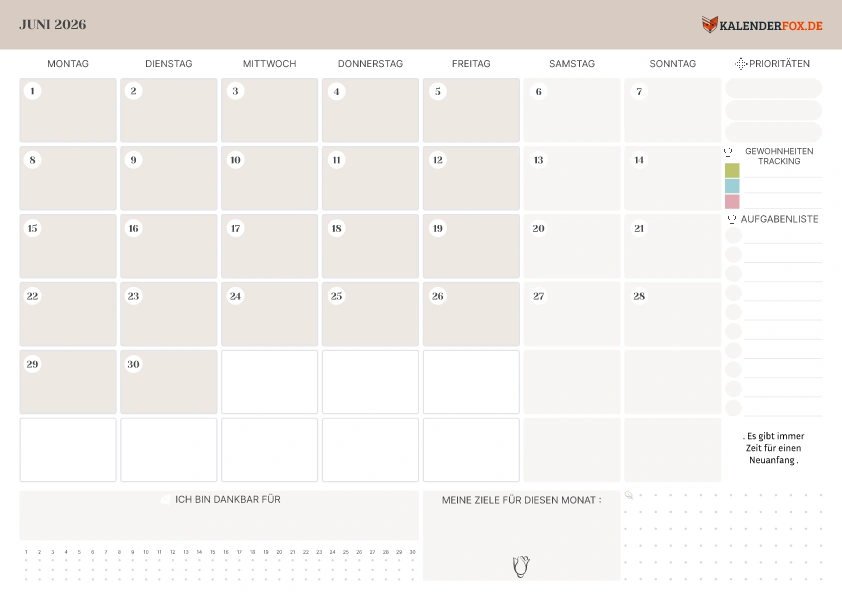 Kalender Juni 2026 mit To-Do-Liste