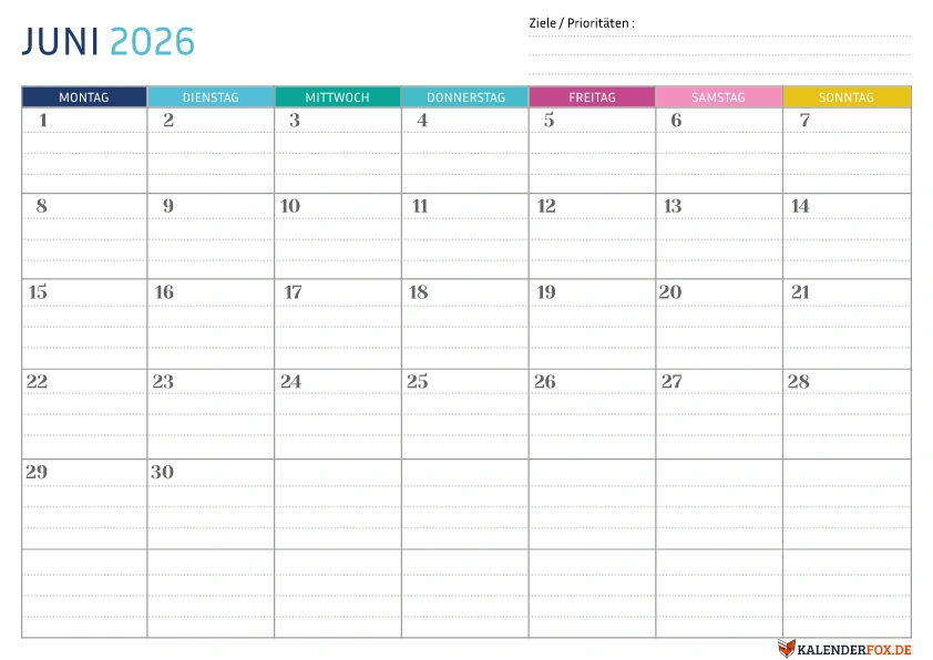 Gepunktete Kalender Juni 2026 vorlage