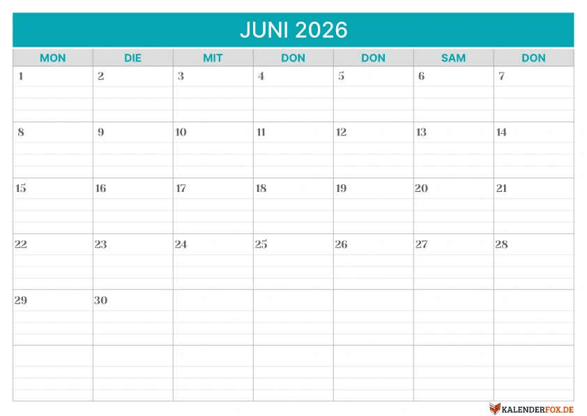 Linierte Kalender Juni 2026 vorlage