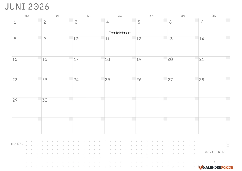 Leerer Kalender Juni 2026 mit Feiertagen