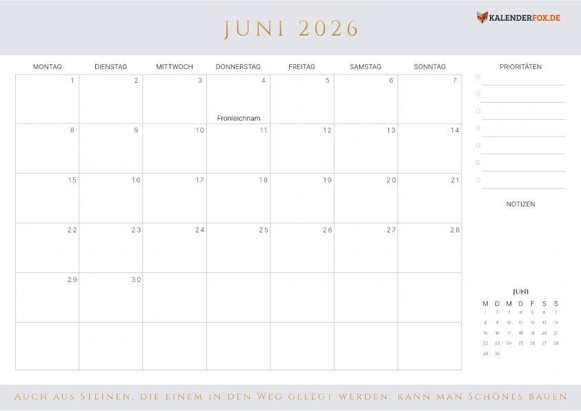 Prioritäten Kalender Juni 2026 mit Feiertagen