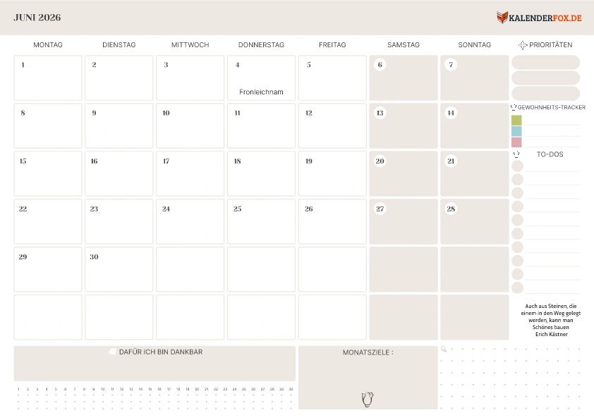 To-Do Liste Kalender Juni 2026 mit Feiertagen