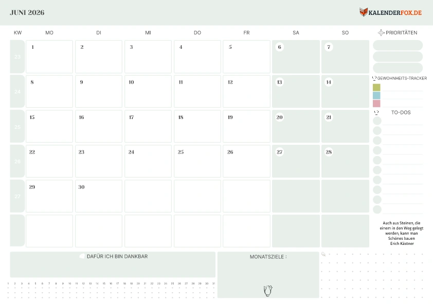 To-Do Liste Kalender Juni 2026 mit KW