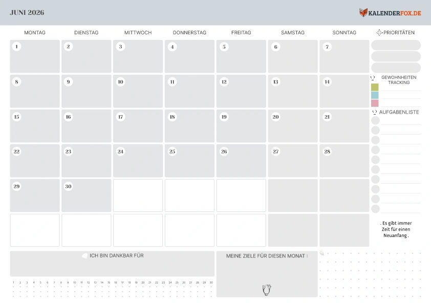 Kalender Juni 2026 mit Notizbereich