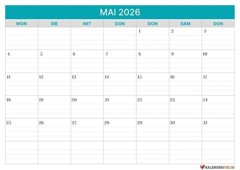 Linierte Kalender Mai 2026 vorlage
