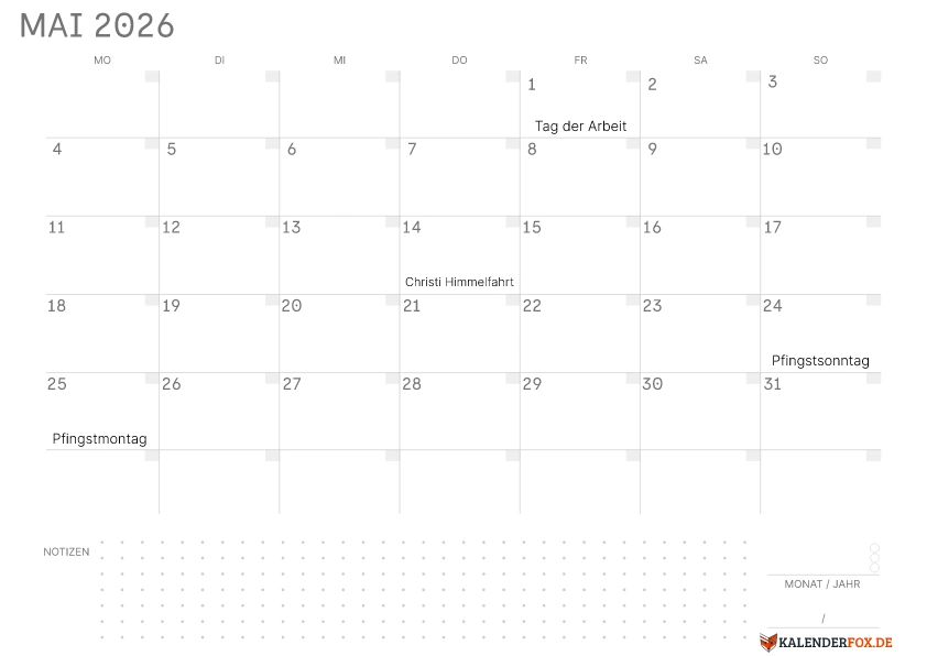 Leerer Kalender Mai 2026 mit Feiertagen
