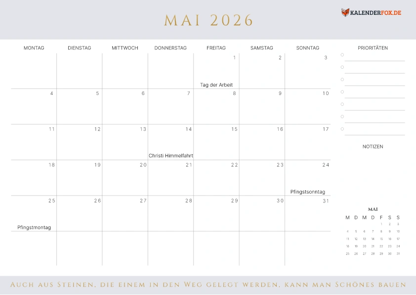 Prioritäten Kalender Mai 2026 mit Feiertagen