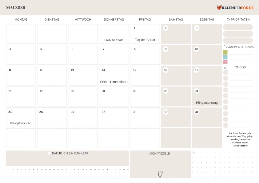 To-Do Liste Kalender Mai 2026 mit Feiertagen