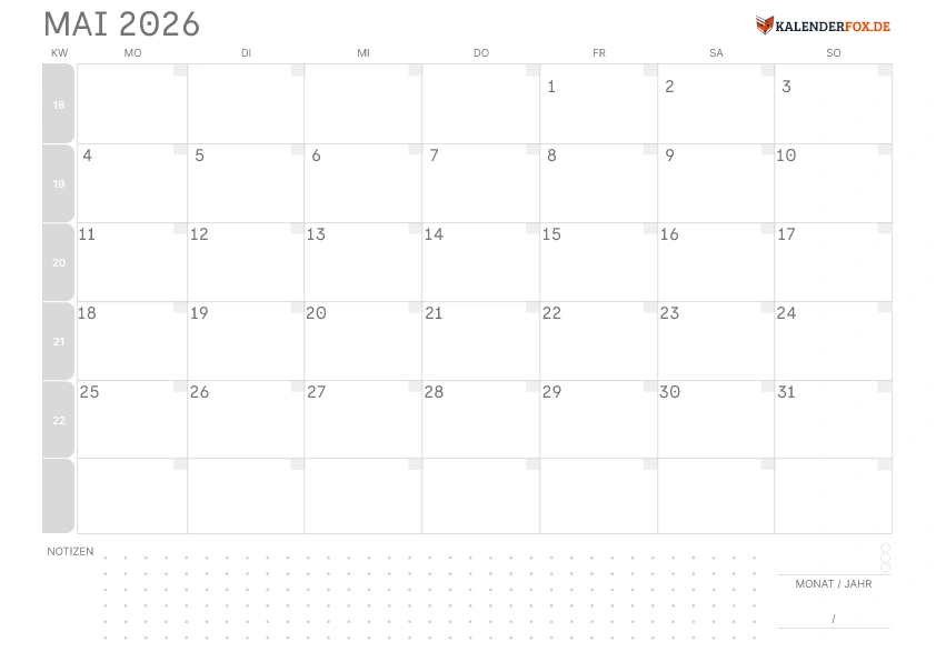 Leerer Kalender Mai 2026 mit KW