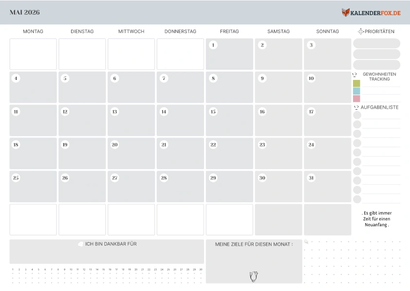 Kalender Mai 2026 mit Notizbereich