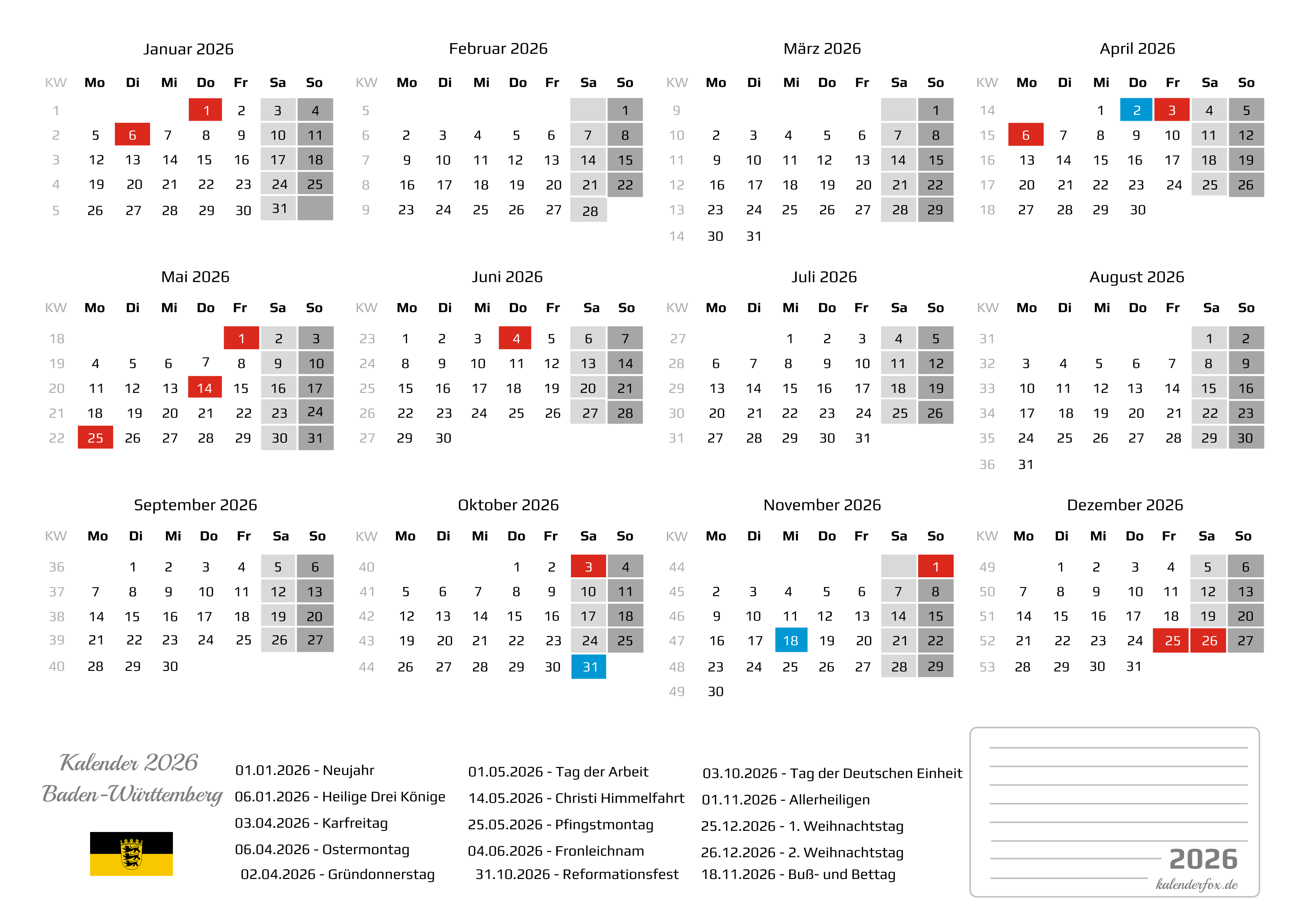 Der Kalender mit der Kompletten BW kirchlichen Feirtage