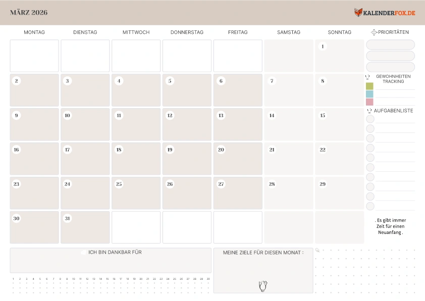Kalender März 2026 mit To-Do-Liste