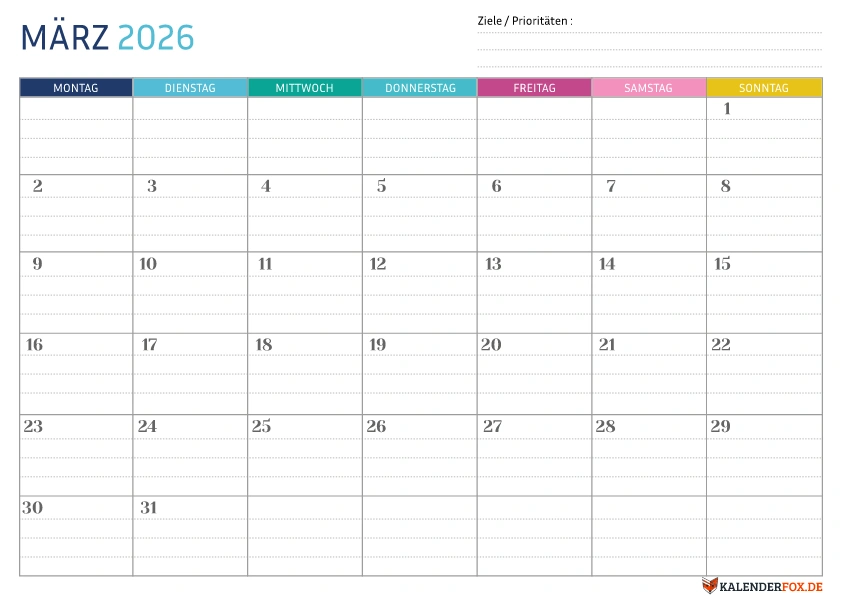 Gepunktete Kalender März 2026 vorlage