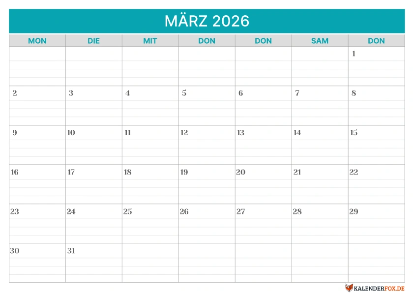 Linierte Kalender März 2026 vorlage