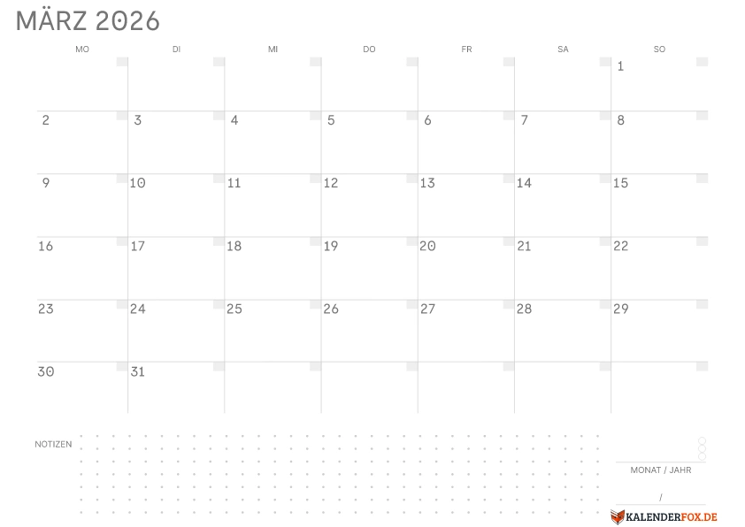 Leerer Kalender März 2026 mit Feiertagen