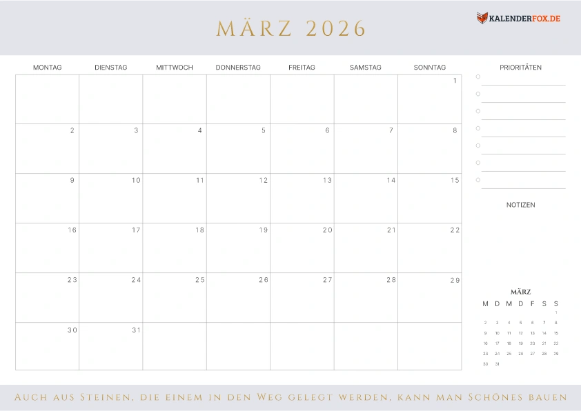 Prioritäten Kalender März 2026 mit Feiertagen