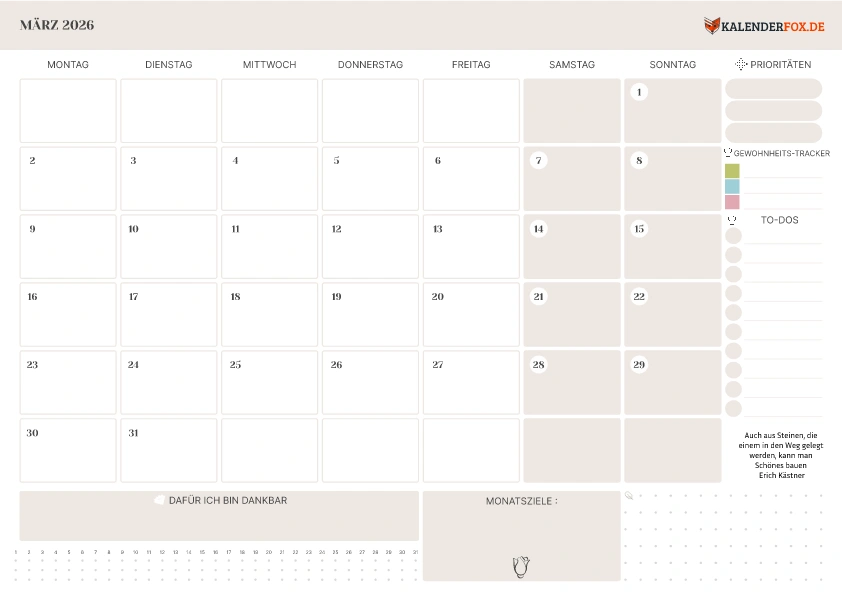 To-Do Liste Kalender März 2026 mit Feiertagen