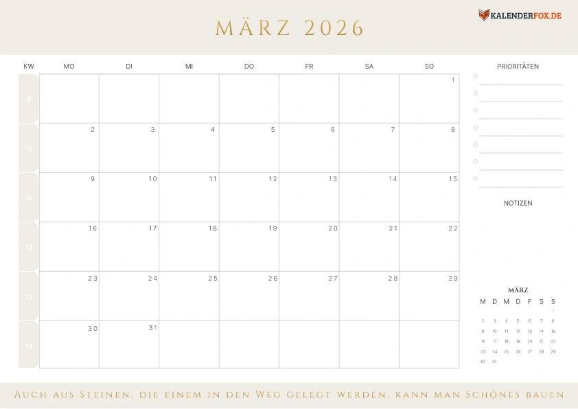 Prioritäten Kalender März 2026 mit KW