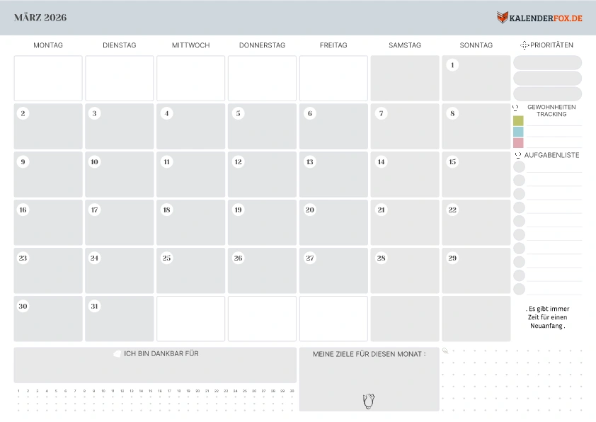 Kalender März 2026 mit Notizbereich