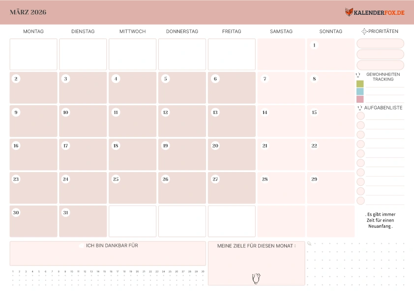 Kalender März 2026 mit Zitaten