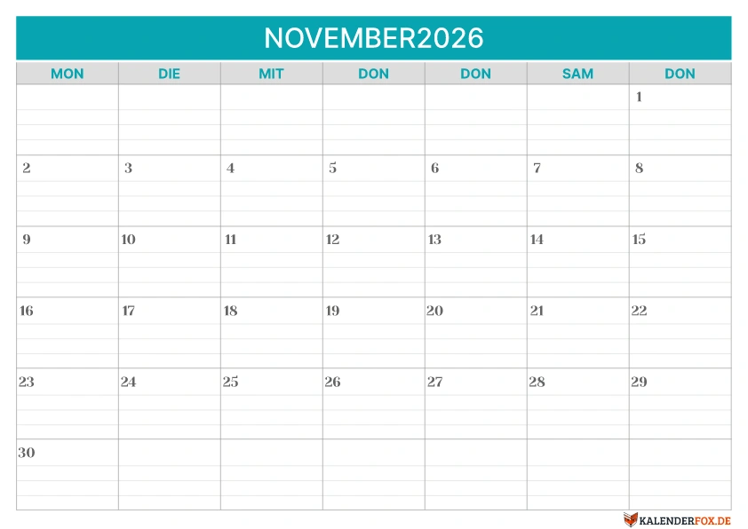 Linierte Kalender November 2026 vorlage