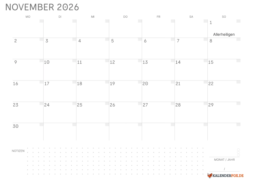 Leerer Kalender November 2026 mit Feiertagen