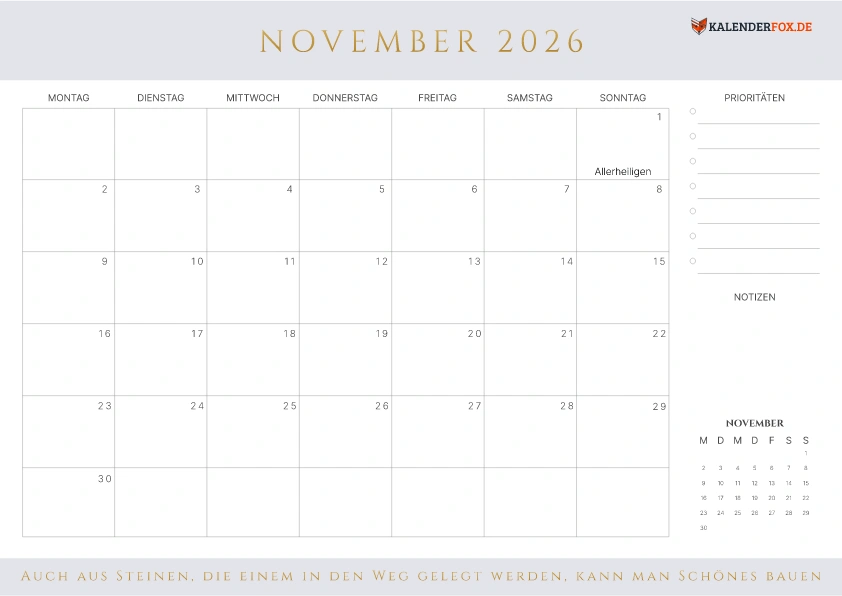 Prioritäten Kalender November 2026 mit Feiertagen