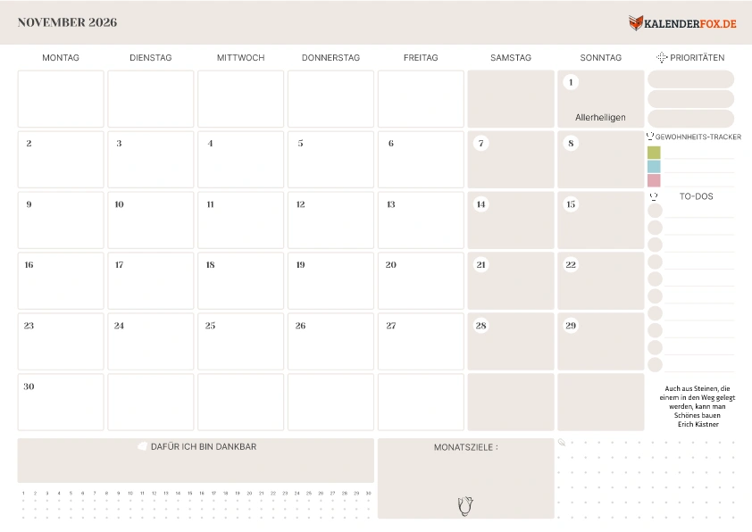 To-Do Liste Kalender November 2026 mit Feiertagen