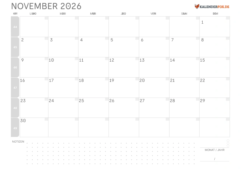 Leerer Kalender November 2026 mit KW