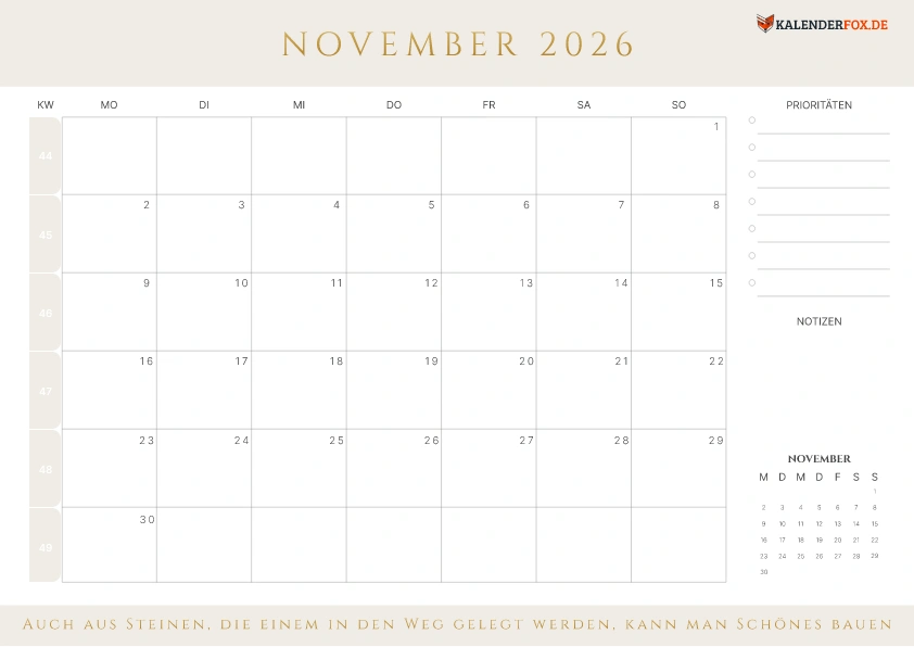 Prioritäten Kalender November 2026 mit KW
