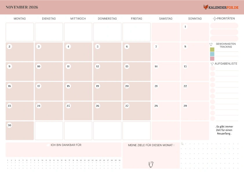 Kalender November 2026 mit Zitaten