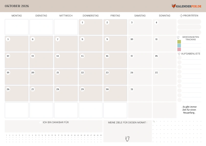 Kalender Oktober 2026 mit To-Do-Liste