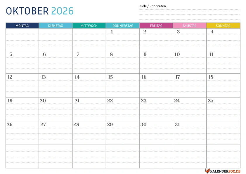 Gepunktete Kalender Oktober 2026 vorlage