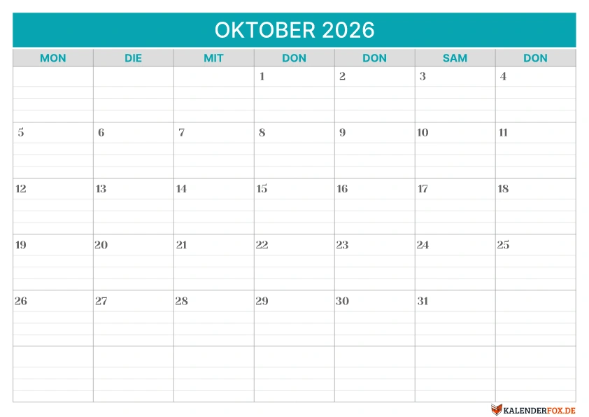 Linierte Kalender Oktober 2026 vorlage