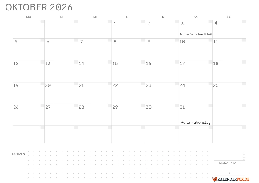 Leerer Kalender Oktober 2026 mit Feiertagen