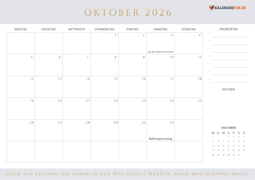 Prioritäten Kalender Oktober 2026 mit Feiertagen