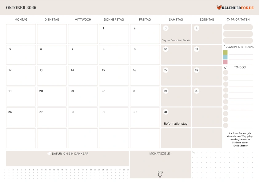 To-Do Liste Kalender Oktober 2026 mit Feiertagen