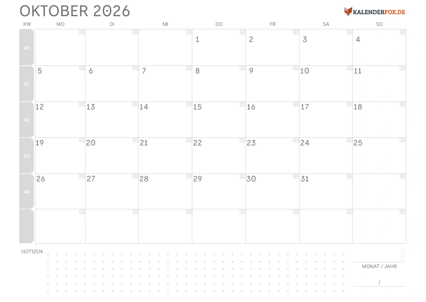 Leerer Kalender Oktober 2026 mit KW