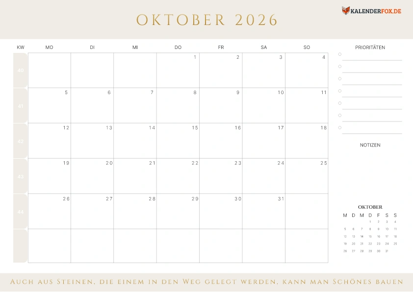 Prioritäten Kalender Oktober 2026 mit KW