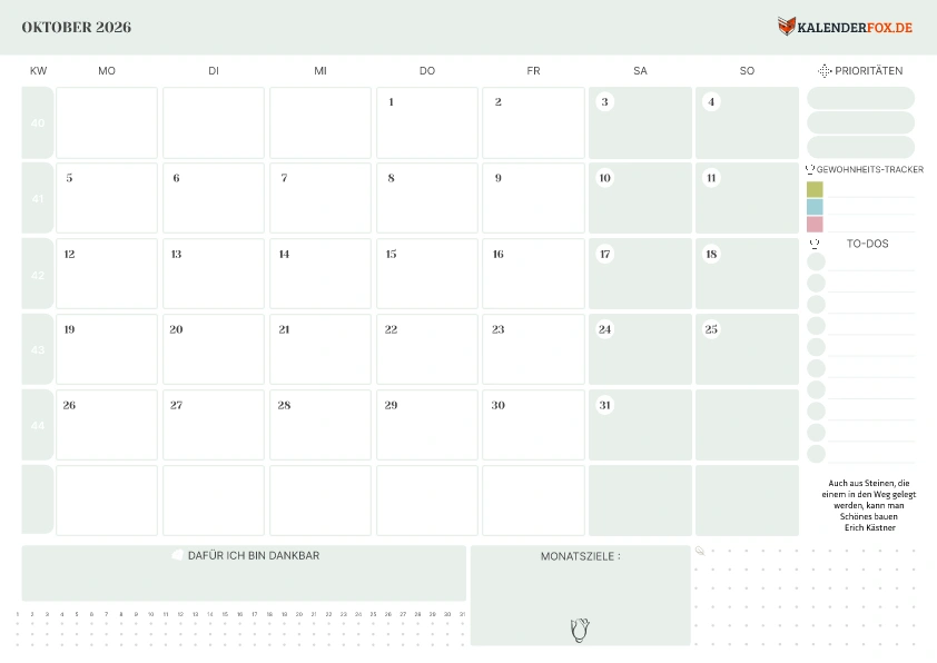 To-Do Liste Kalender Oktober 2026 mit KW