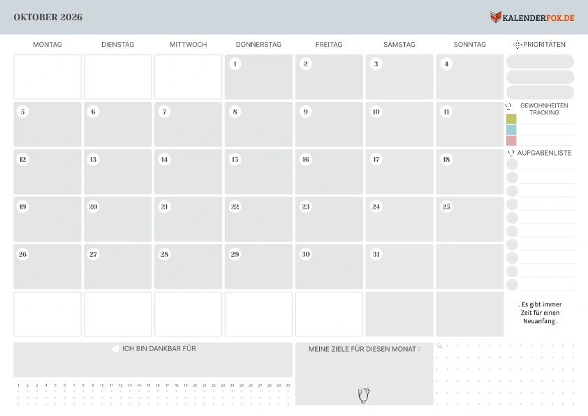 Kalender Oktober 2026 mit Notizbereich