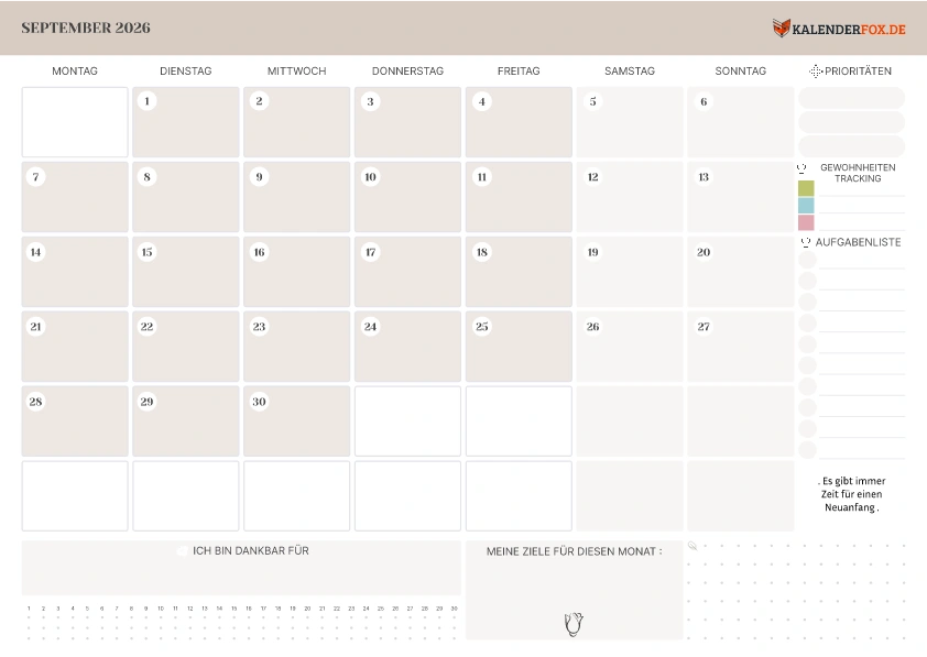 Kalender September 2026 mit To-Do-Liste