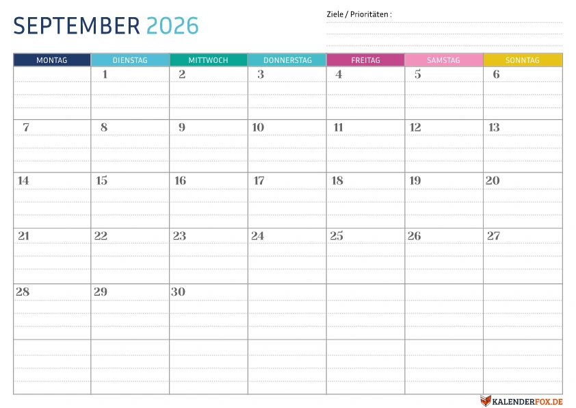 Gepunktete Kalender September 2026 vorlage