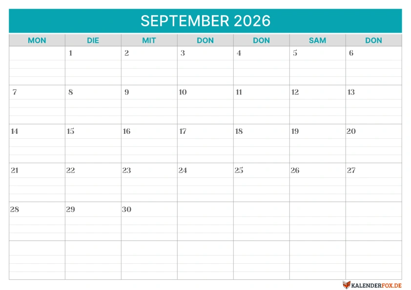Linierte Kalender September 2026 vorlage